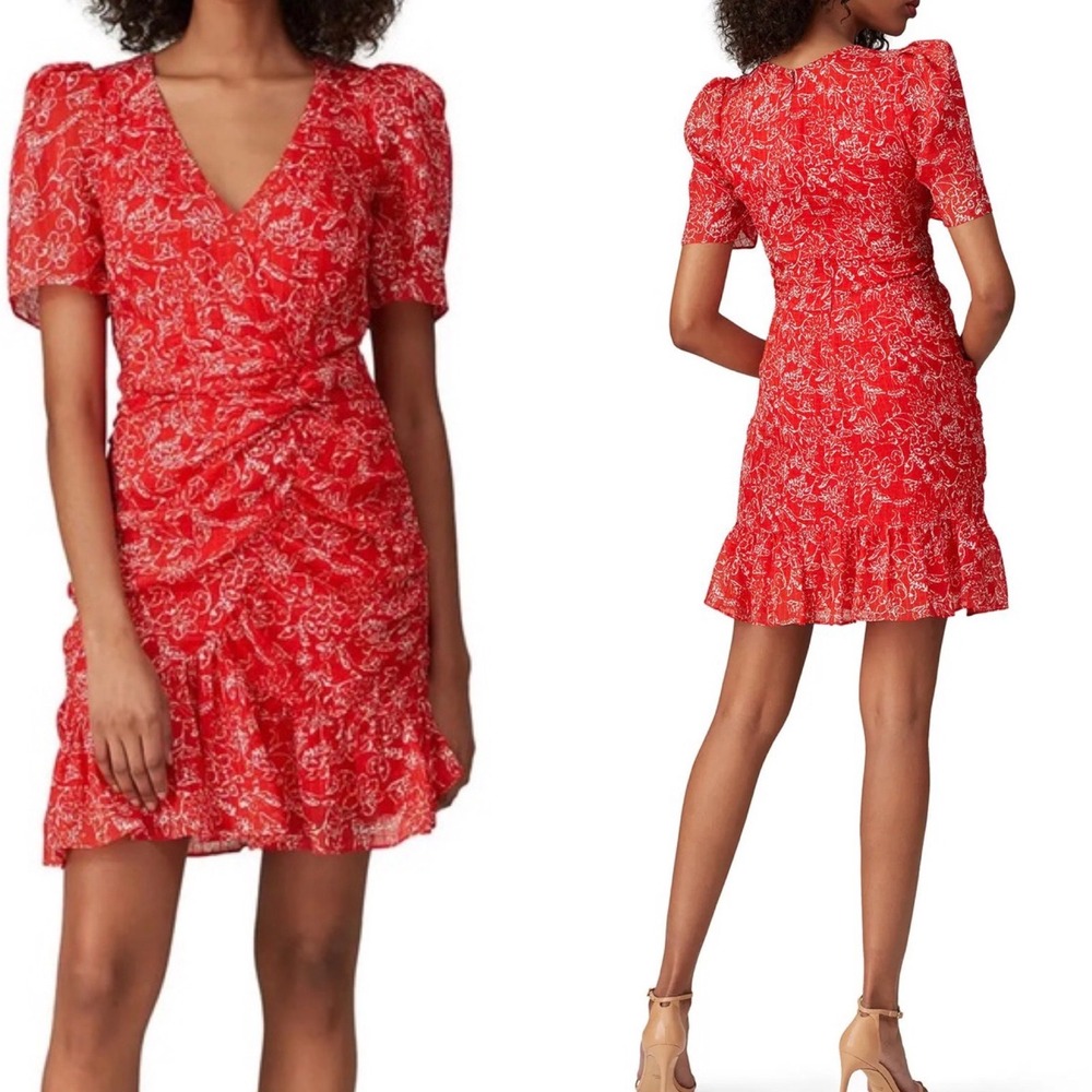 Parker Krislyn Red Silk Floral Ruched Mini Dress Short Puff Sleeve Size 12 (L)